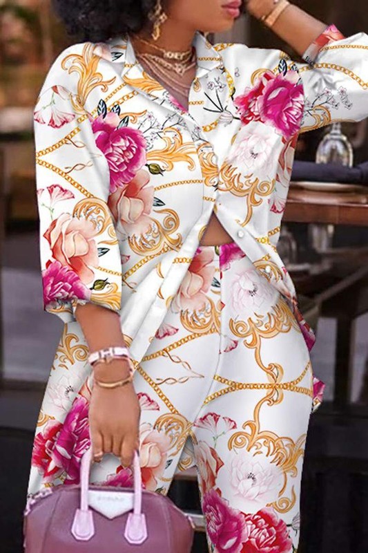 Print Lantern Sleeve Top High Waist Pants Set