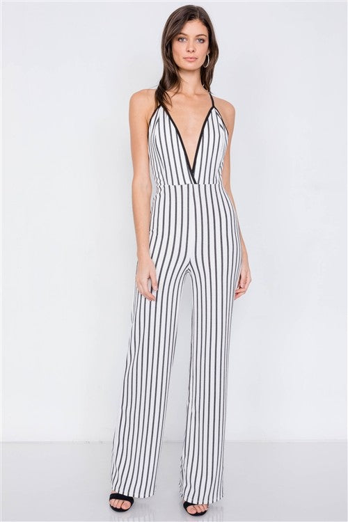 Stripe V-Neck Criss-Cross Strap Back Jumpsuit