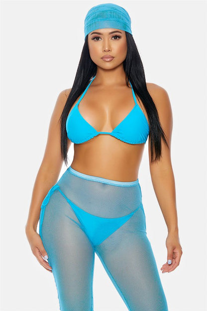 Swimsuit, Mesh Shorts & Headscarf Four Piece Set