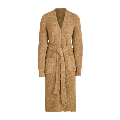 Fluffy Set Women Clothes Casual Plush Lace-up Long Cardigan Belted Bathrobe Homewear Coat