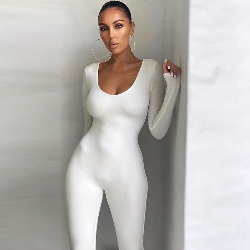 Low-necked Close-fitting Long Sleeve High Waist Solid Color Sports Fitness Jumpsuit