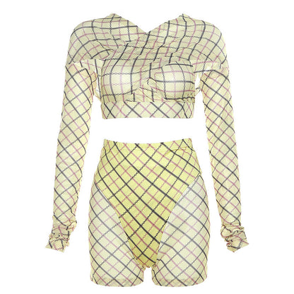 Fall Women Clothing Plaid Printed Personality Stitching Long Sleeves Cropped Slim Shorts Set