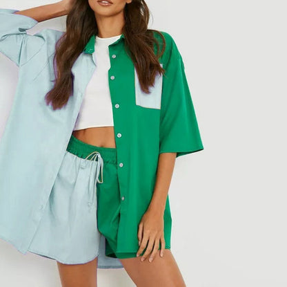 Spring Summer Casual Set Women  Color Matching Super plus Size Half Length Sleeve Shirt Top Elastic Waist Shorts Two Piece Set