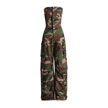 Personalized Fashionable Camouflage Pattern Women Jumpsuit Bandeau Slim Fit Slimming Work Clothes Women  Casual Pants