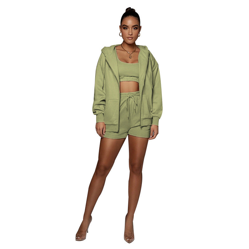 Spring Autumn Urban Casual Solid Color Cardigan Hooded Shorts Women Velvet Long Sleeve Sweatshirt Suit Two Piece Set