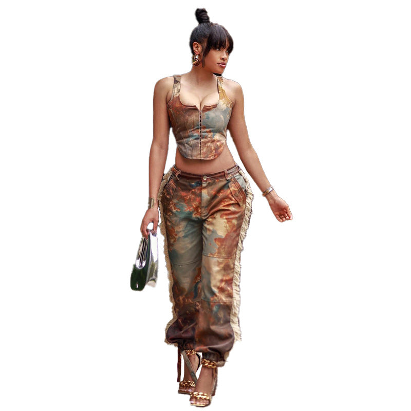 Women Clothing Camouflage Vest Sexy Bare Cropped High Waist Trousers Printed Tassel Blouse Pants