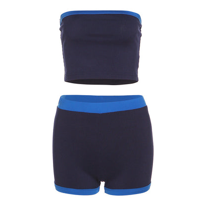 Women Spring Clothing Patchwork Contrast Colors Slimming Tube Top High Waist Tight Shorts Set for Women