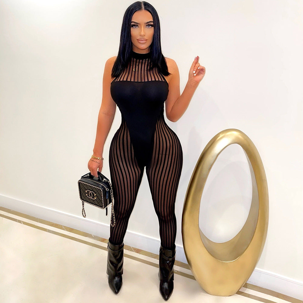 Sexy Bold Stripes Mesh See-through Sleeveless round Neck Jumpsuit for Women