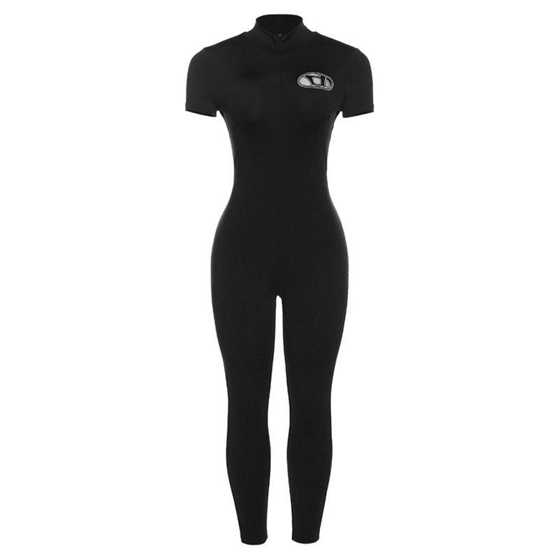 Summer Women Clothing Embroidery High Waist Tight Sports Fitness Jumpsuit