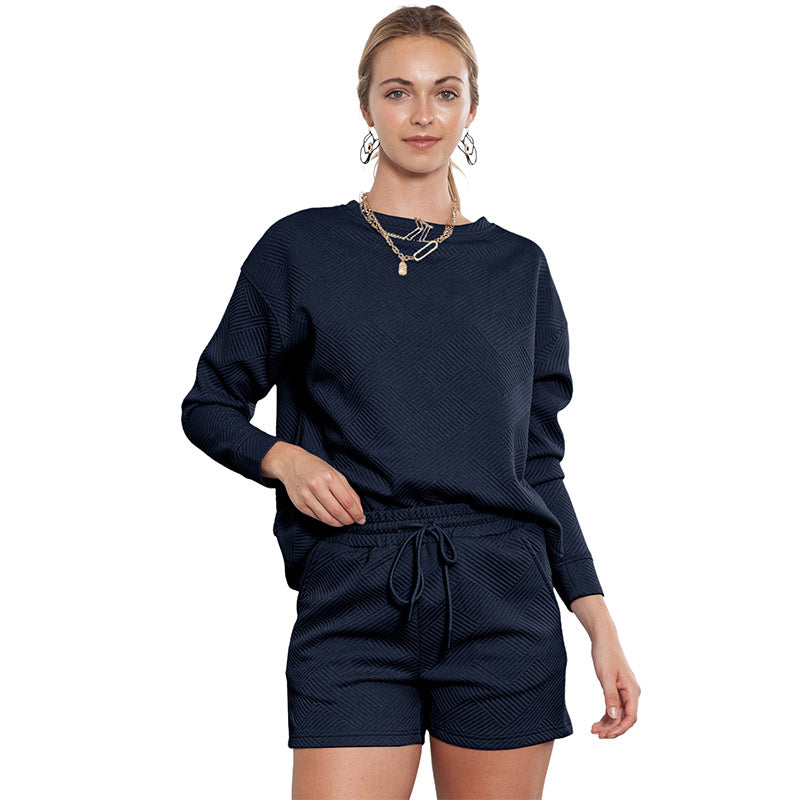 Loose Long Sleeve Shorts Two Piece Women Autumn Stylish Simple Texture Suit