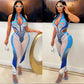 Summer Women Collection Sexy Cutout Printed Jumpsuit Mesh Stitching Casual Trousers Set