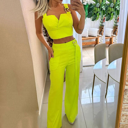 Women Clothing Summer Casual Top Loose Wide Leg Pants Two Piece Set