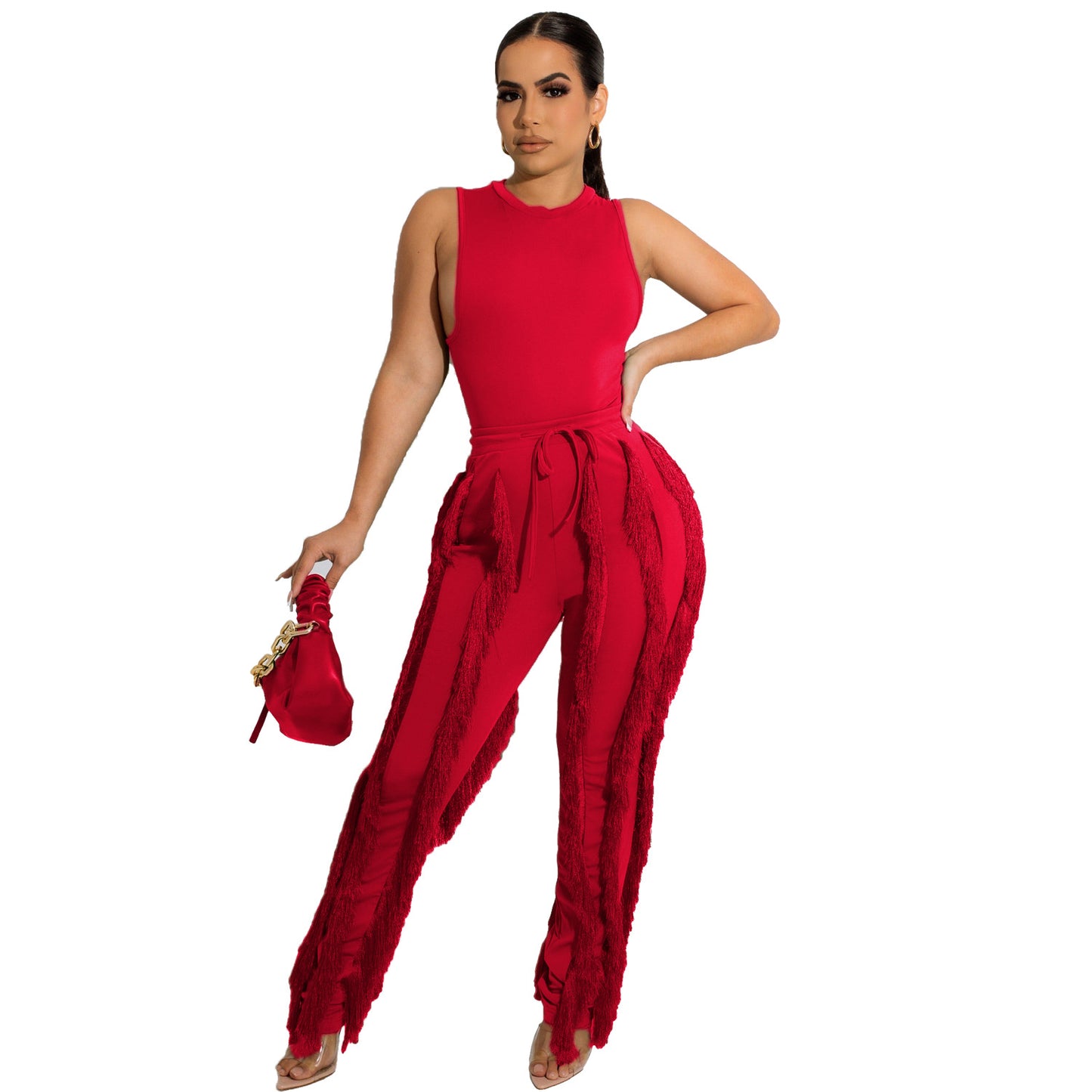Women Clothing Two Piece Set Tassel Trousers Sleeveless Casual Suit Lace Summer Sexy