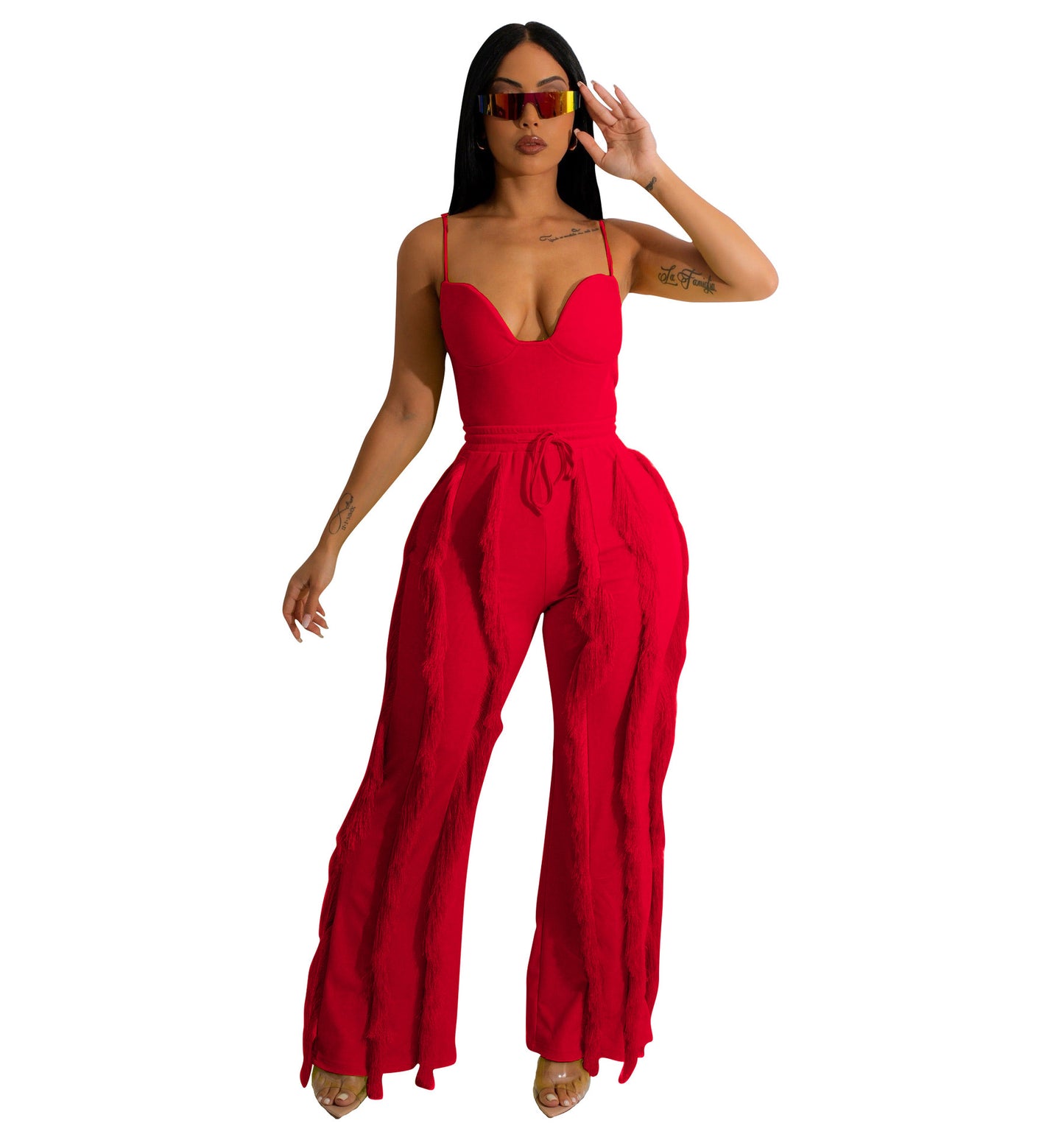 Summer Women Clothing Tassel Lace Suit Sexy Sling Two Piece Set
