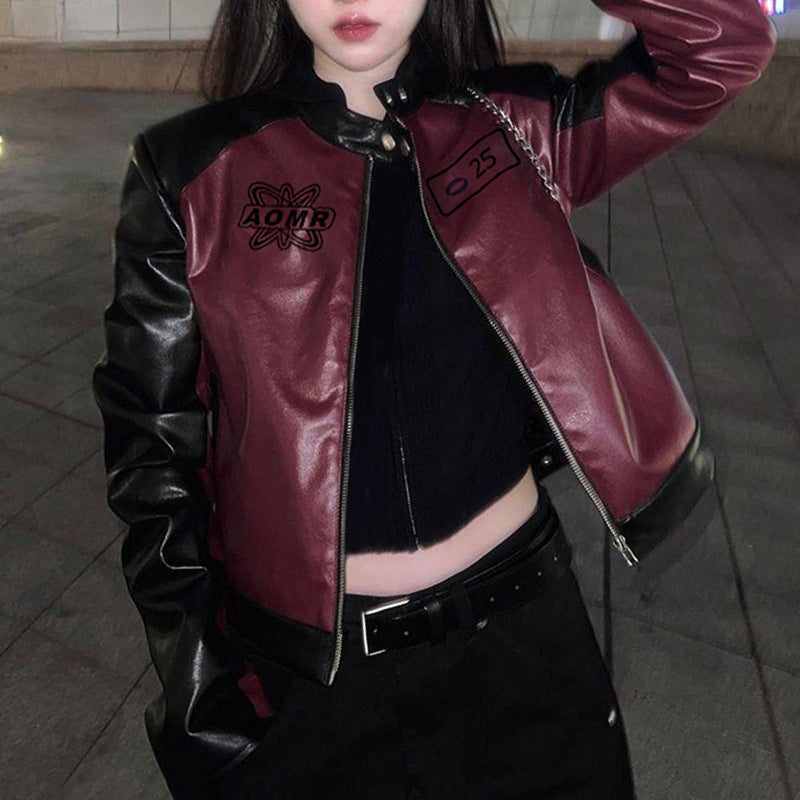 Contrast Color Faux Leather Jacket Women Cardigan Embroidered Stand Collar Zipper Jacket Motorcycle Short Top Autumn