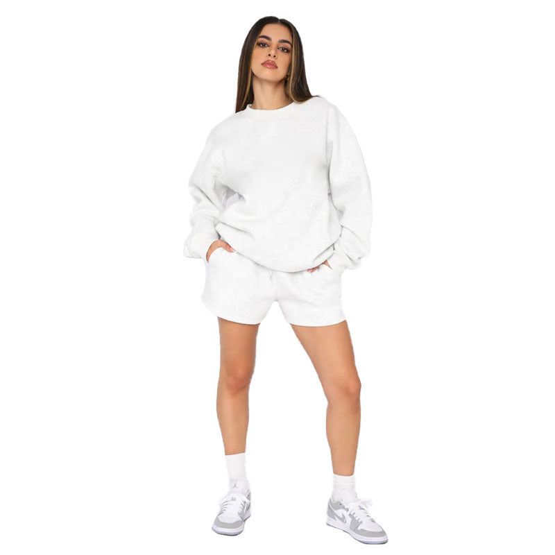 Cotton Autumn Winter Solid Color round Neck Pullover Long Sleeve Sweater Women Casual Shorts Set