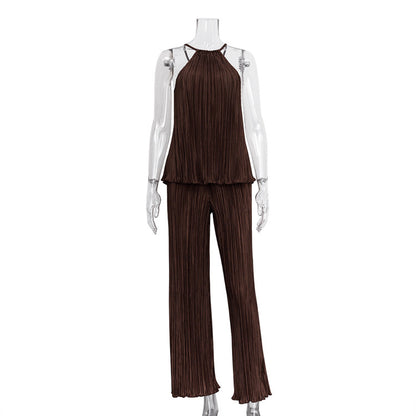 Summer Women Clothing Casual Laid-Back Slimming Pleated Suspender Vest Loose Wide Leg Pants Suit