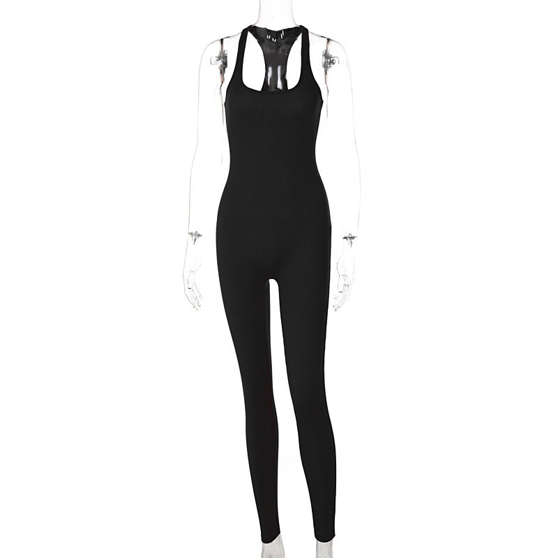 Sleeveless Backless Waist Trimming Jumpsuit Solid Color High Waist Tight Sports Yoga Jumpsuit