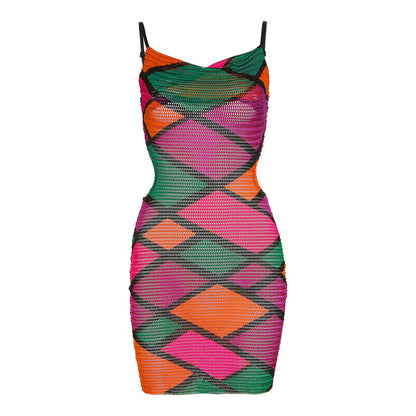 Women Clothing Summer Fishnet Clothes Suspenders Backless Hollow Out Cutout Sexy Sheath Dress