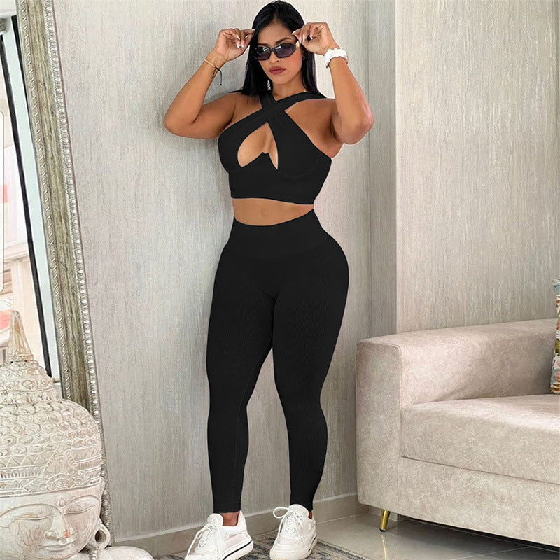 Fall Women Clothing Solid Color Slim Fit Sleeveless Cropped Vest Tight High Waist Casual Trousers Sets