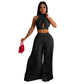 Women Clothing Halter Backless Artificial Silk Pleated Wide Leg Pants Two Piece Set