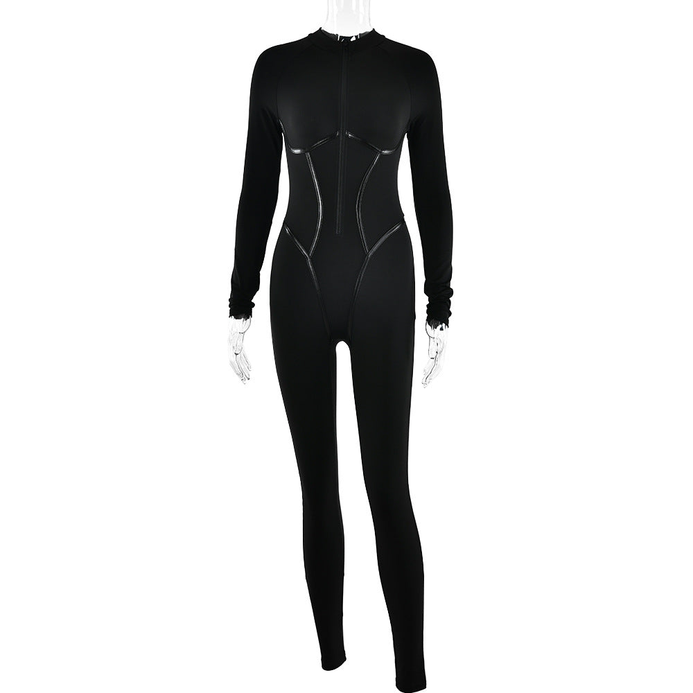Leather Strap Split Sports Leggings Sexy Tight Long Sleeve Jumpsuit
