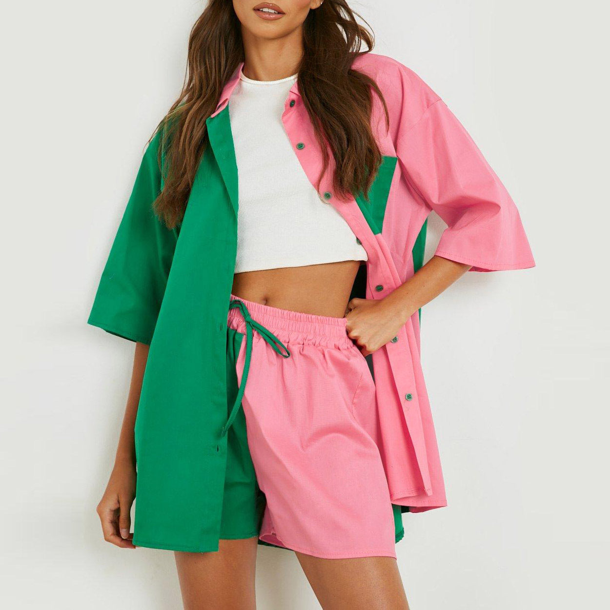 Spring Summer Casual Set Women  Color Matching Super plus Size Half Length Sleeve Shirt Top Elastic Waist Shorts Two Piece Set