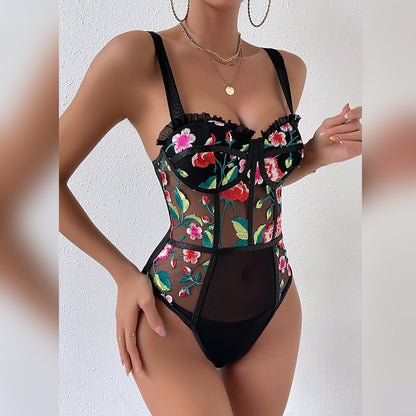 Sexy Floral Embroidery See through Wooden Ear Slim Jumpsuit