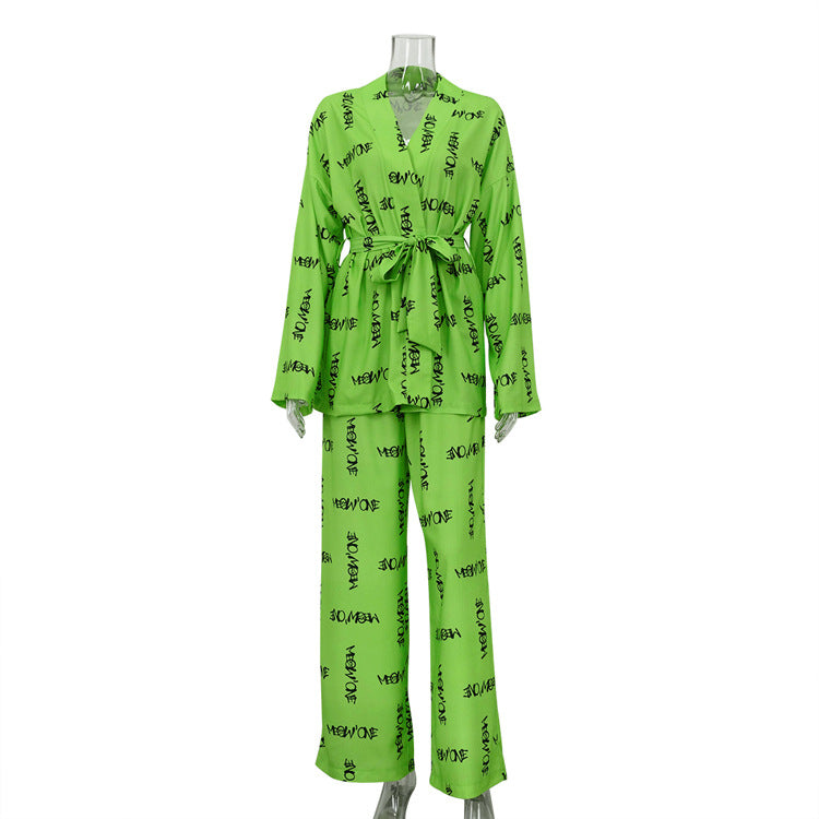 Casual Lace up Long Sleeve Pajamas High Waist Trousers Suit Home Wear Loose Women  Printed Wear