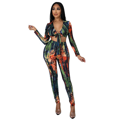 Women Clothing Sexy Tight Printed Lace up Two Piece Set Long Sleeve Suit
