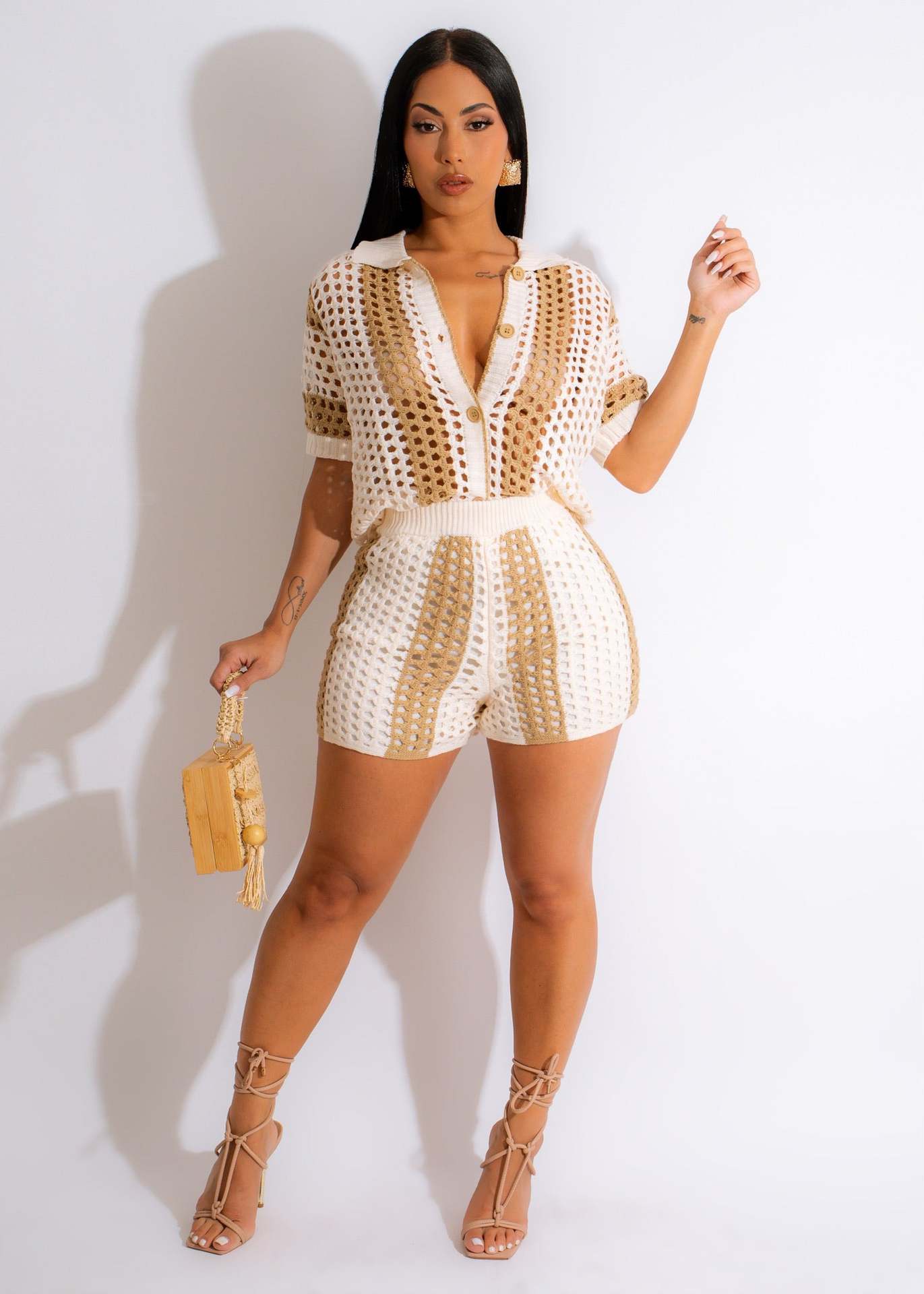 Hollow Out Cutout See Through Collared Knitted Shorts set.