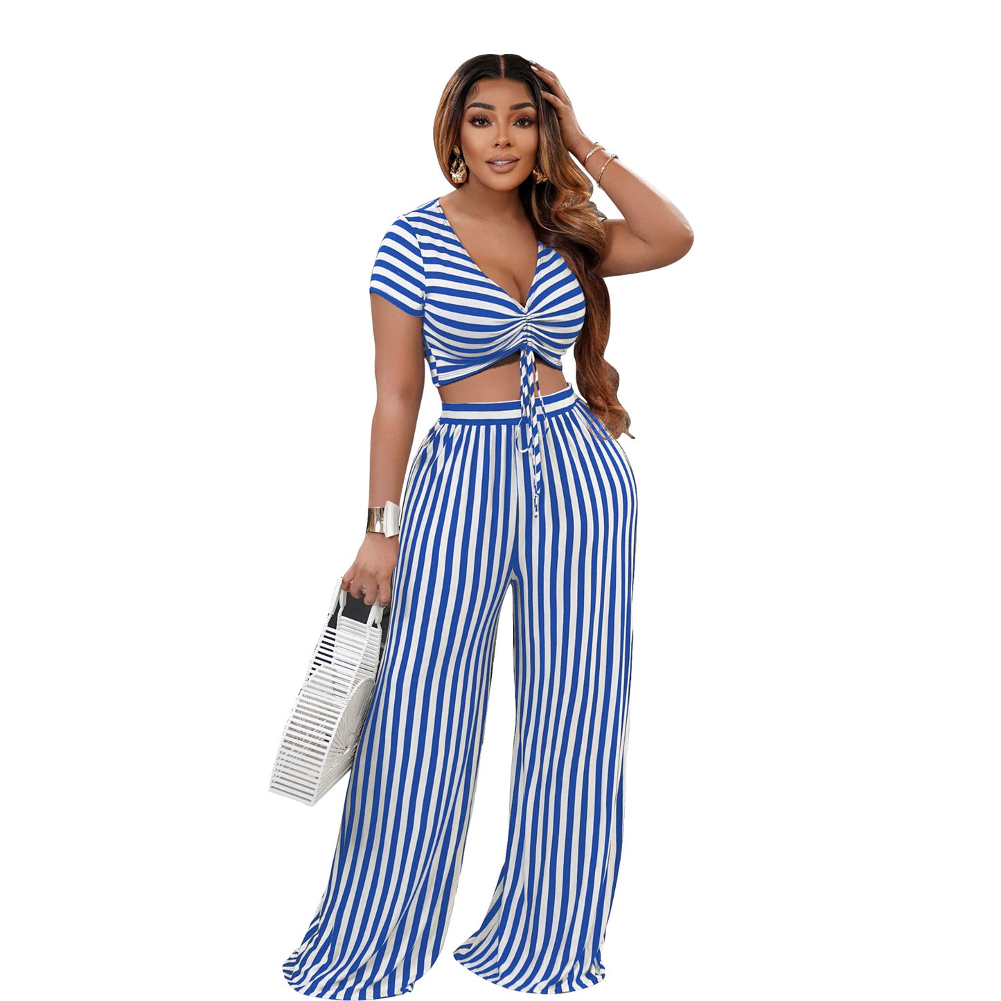 Women Clothing Two-Piece Striped Printed Two-Piece Suit Short Sleeve V-neck Loose Spring Summer