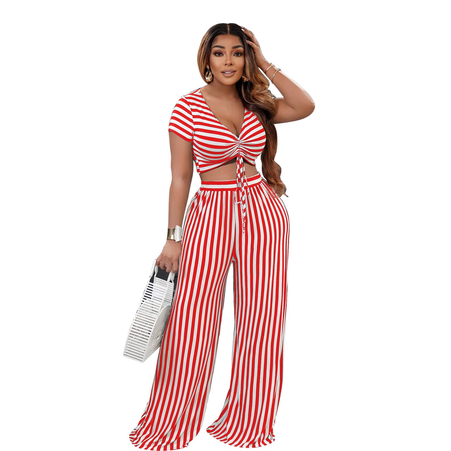 Women Clothing Two-Piece Striped Printed Two-Piece Suit Short Sleeve V-neck Loose Spring Summer