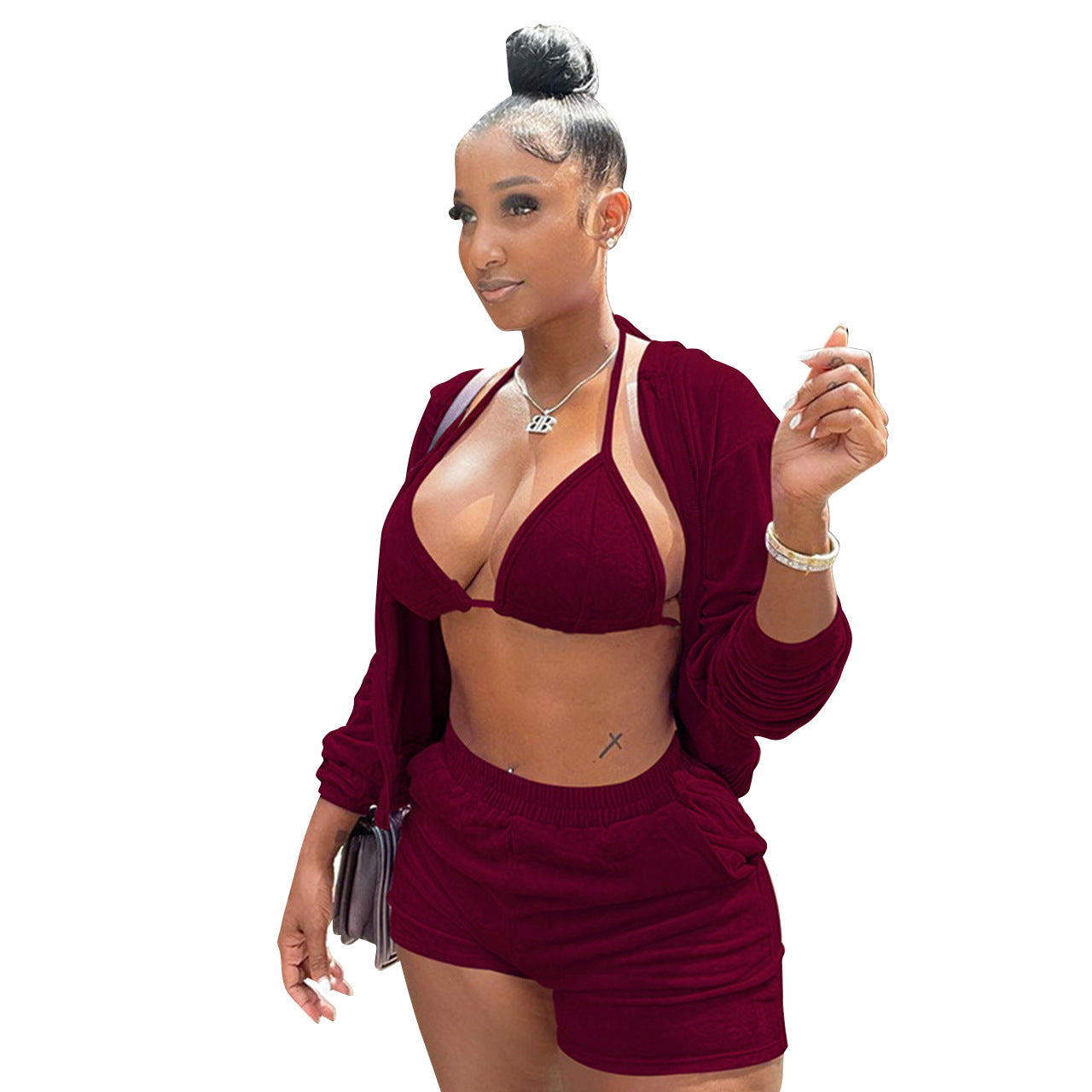 Women Clothing Solid Color Vest Cardigan Shorts Sexy Three Piece Suit