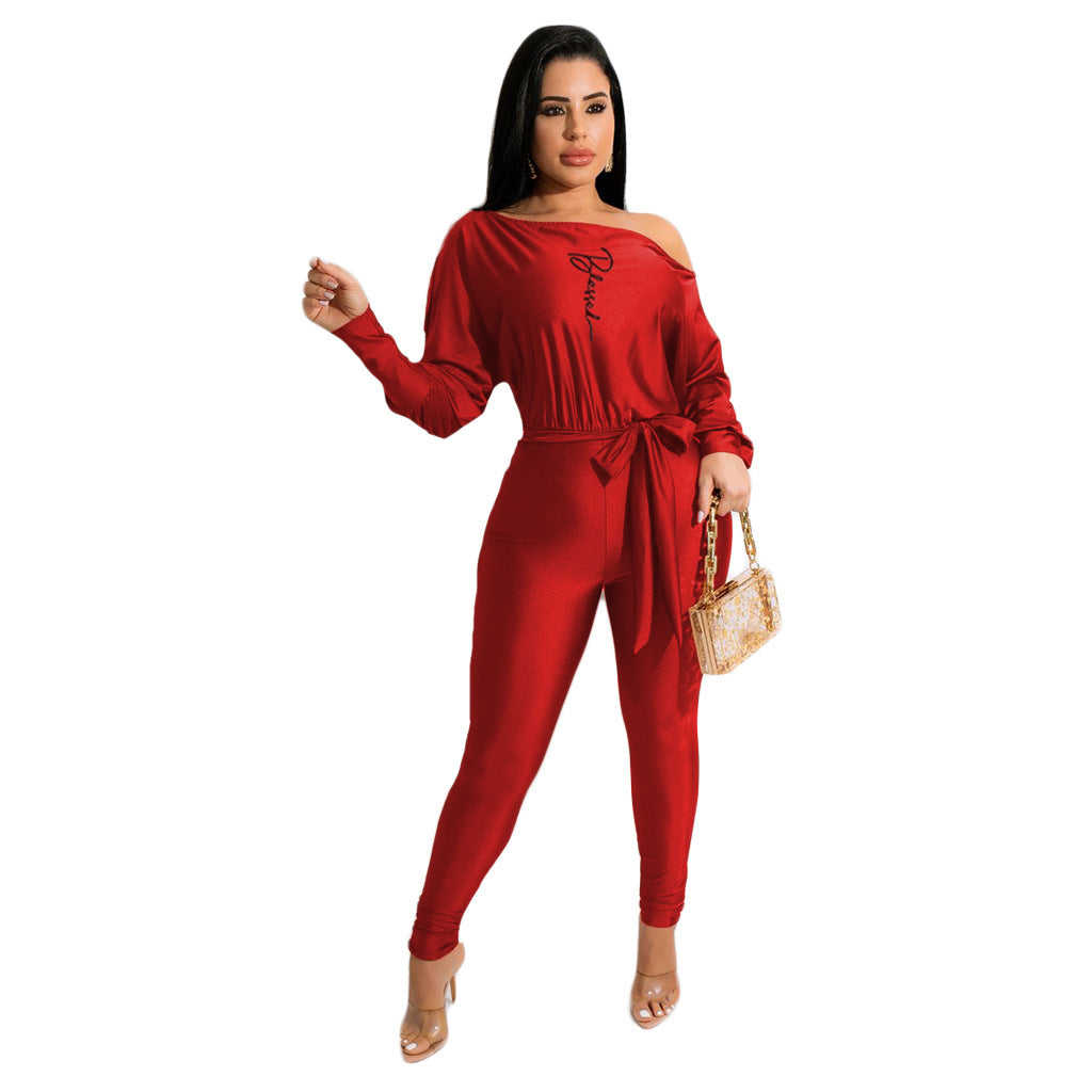 Solid Color Off Shoulder Sexy Lacing Women Wear One Piece Trousers