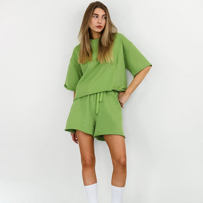 Green Casual round Neck Loose Lace up Shorts Set Summer Shorts