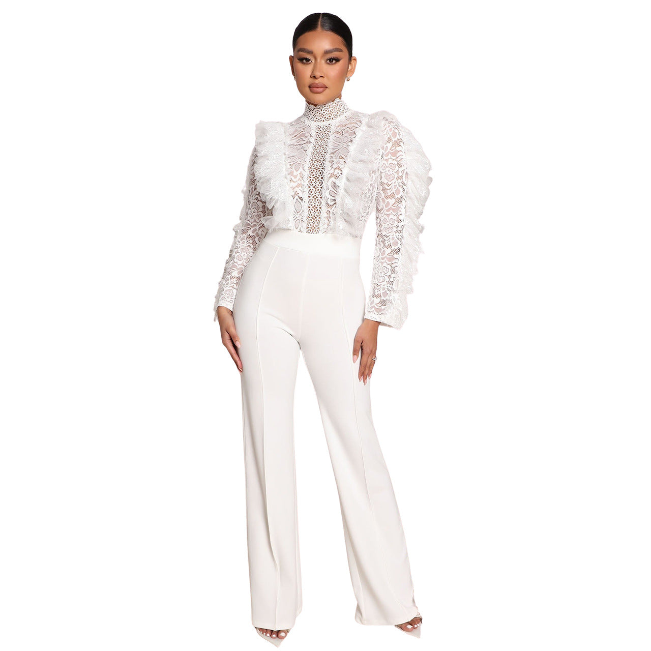 Women Clothing Autumn Winter Lace Tassel Trousers See Through Sexy Jumpsuit
