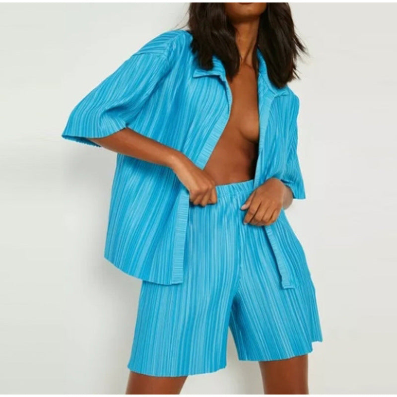 Pleated Shirt Short Sleeve Shorts Casual two-piece set