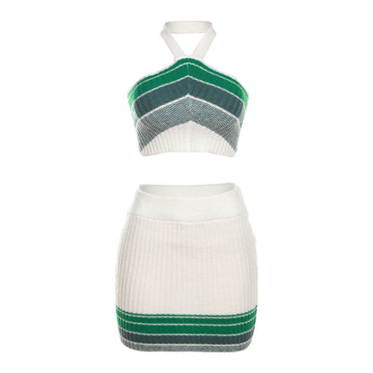 Summer Women Clothing Jacquard Knitted Contrast Color Halter High Waist Slim Fit Skirt Set