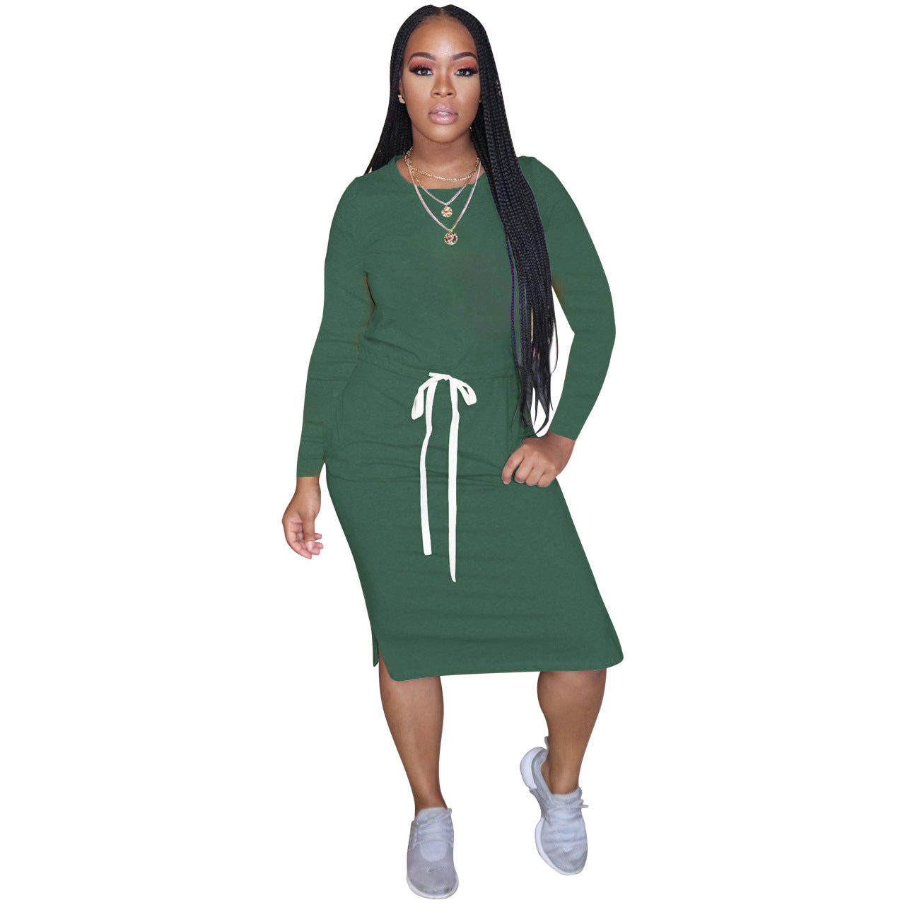 Popular Women Clothing Solid Color High Waist Drawstring round Neck Long Sleeved Dress