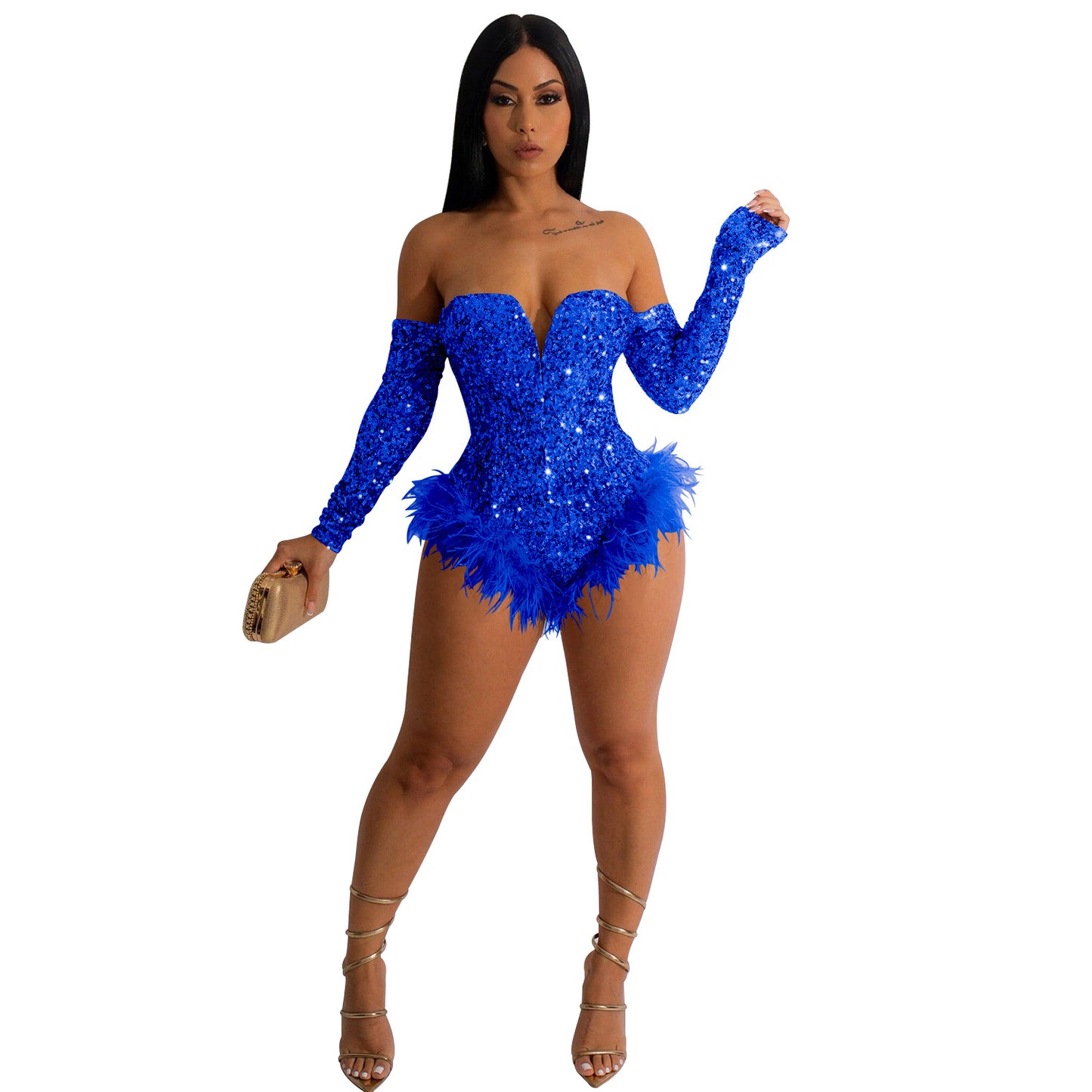 Women Wear Solid Color Sequin Long Sleeve Shorts Jumpsuit Women