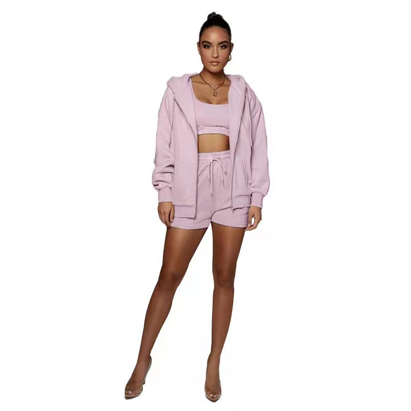 Spring Autumn Urban Casual Solid Color Cardigan Hooded Shorts Women Velvet Long Sleeve Sweatshirt Suit Two Piece Set