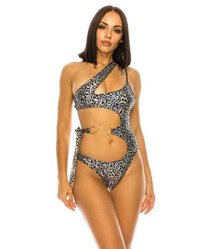 Leopard Cut-out One Shoulder Swimsuit