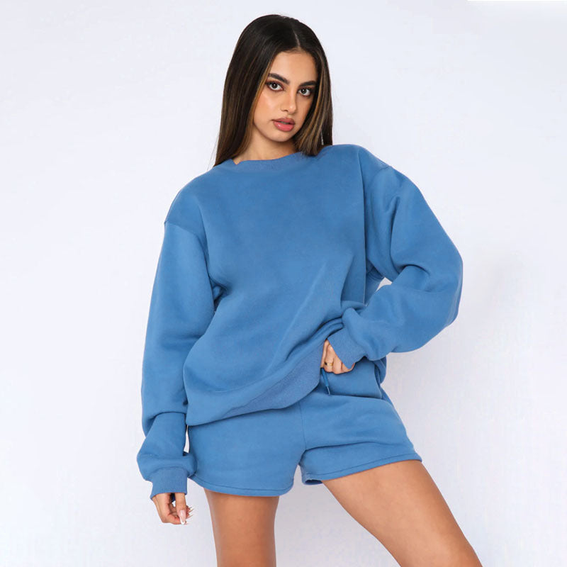 Cotton Autumn Winter Solid Color round Neck Pullover Long Sleeve Sweater Women Casual Shorts Set