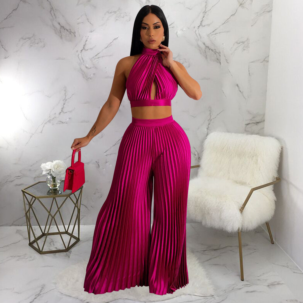 Women Clothing Halter Backless Artificial Silk Pleated Wide Leg Pants Two Piece Set