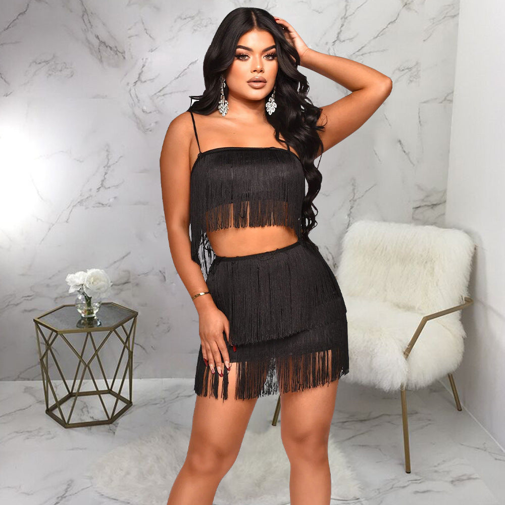 Sexy Night Club Slip Hip Tassel Suit Short Set