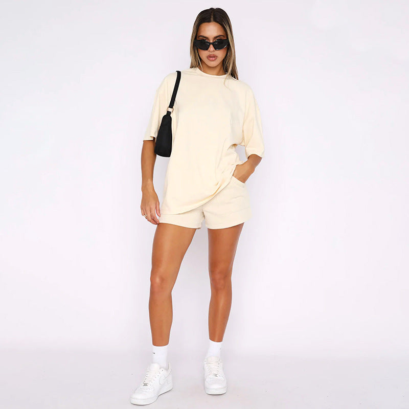 Solid Color round Neck Half Sleeve Pullover Top Women Clothing Casual Shorts Suit Summer