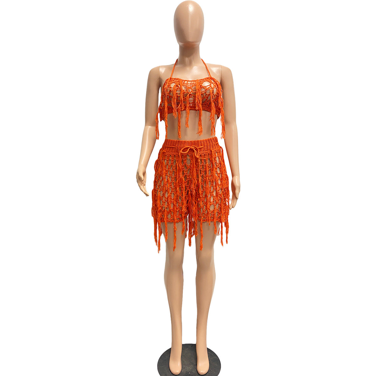 See through Knitted Hand Crochet Tassel Beach Shorts Suit