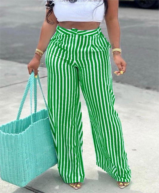 Women Clothing Striped Floral Print Casual Wide Leg Pants Summer Loose Trousers