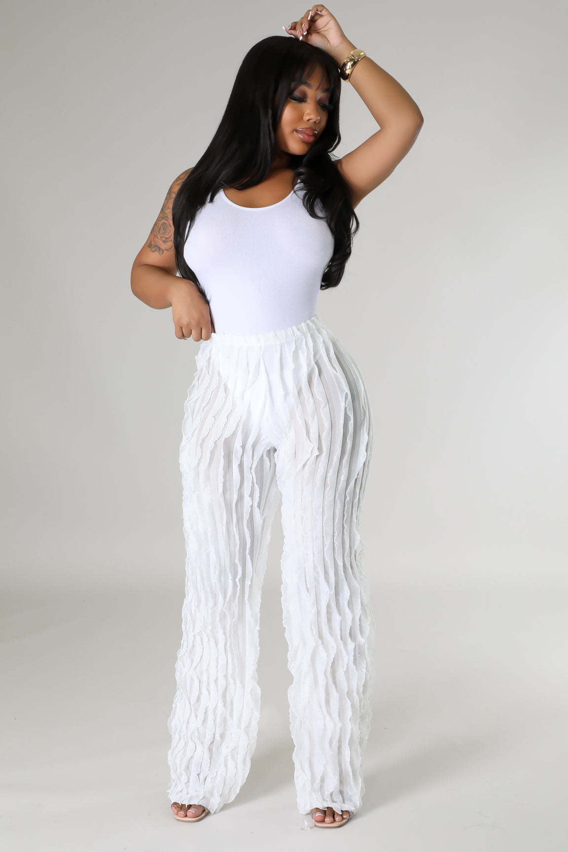 Women Clothing Eaby Wave Pattern See Through High Waist Wide Leg Pants Pants Only
